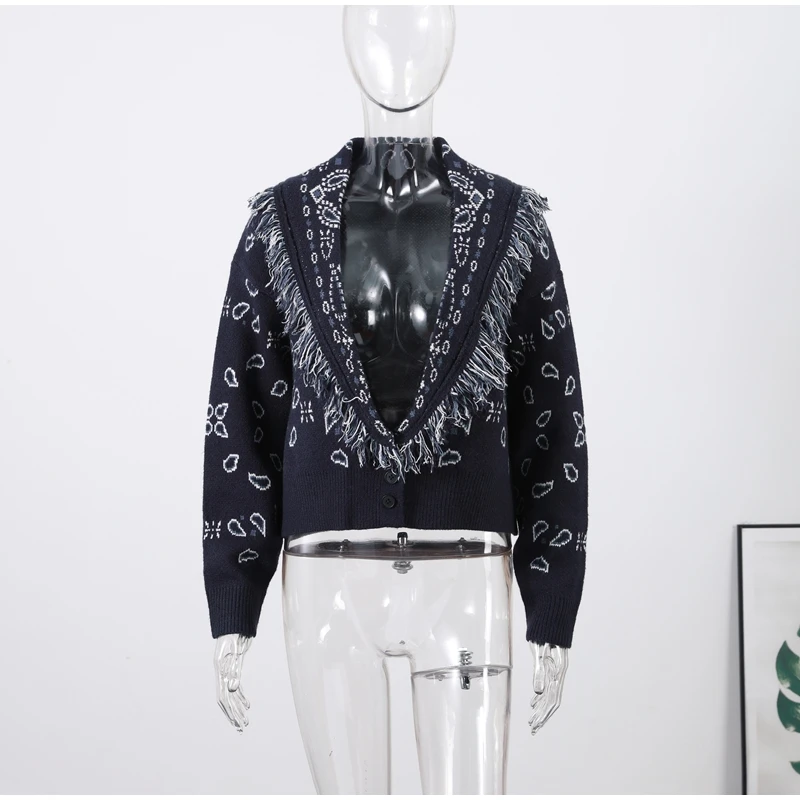 Knitted Jacquard Tassels Patchwork Cardigans Women Sweaters Long Sleeve V-neck Thicken Vacation Sweater 2025 Autumn Coats Tops