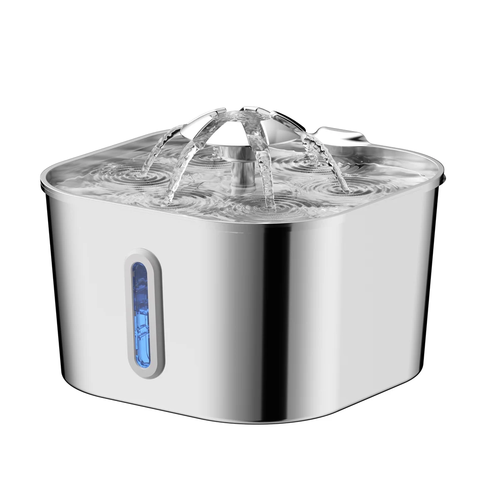2.2L/74OZ 자동 고양이 분수 스테인레스 스틸 애완 동물 워터 디스펜서 자동 워터 펌프 순환 필터링 시각 창