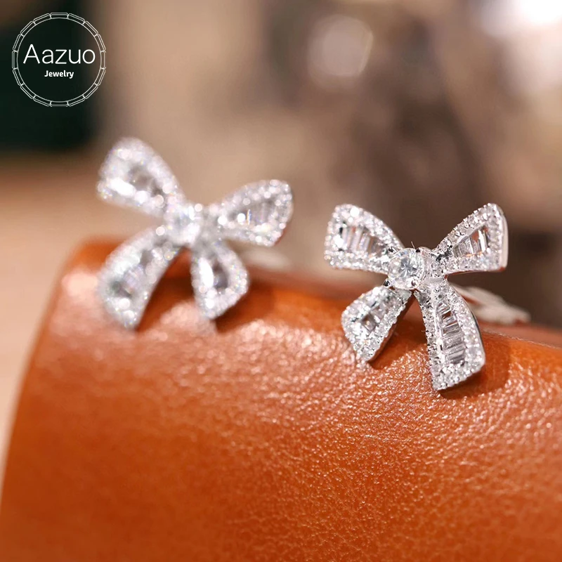 Aazuo Real 18K White Gold Natrual Diamonds 0.70ct Fairy Bowknot Stud Earrings Gifted For Women Advanced Wedding Party Au750