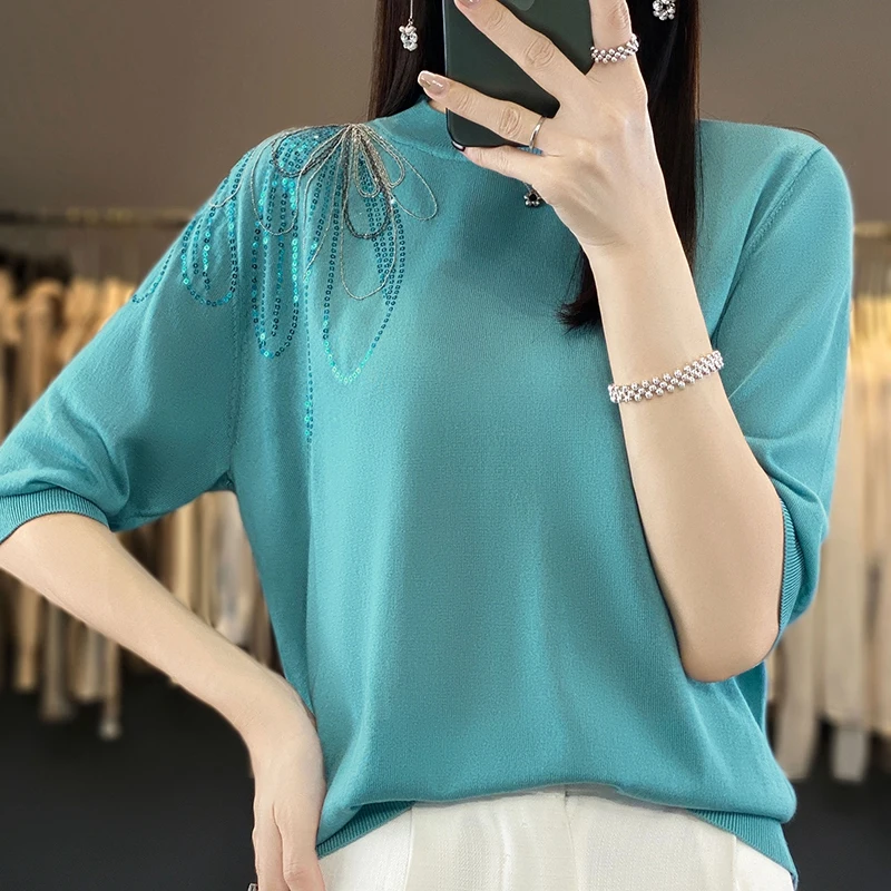 23 Summer New Tencel Knitted Short Sleeve Women\'s Round Neck Solid Color One Shoulder Sequin Sewn Loose Fashion Style Knit Shirt