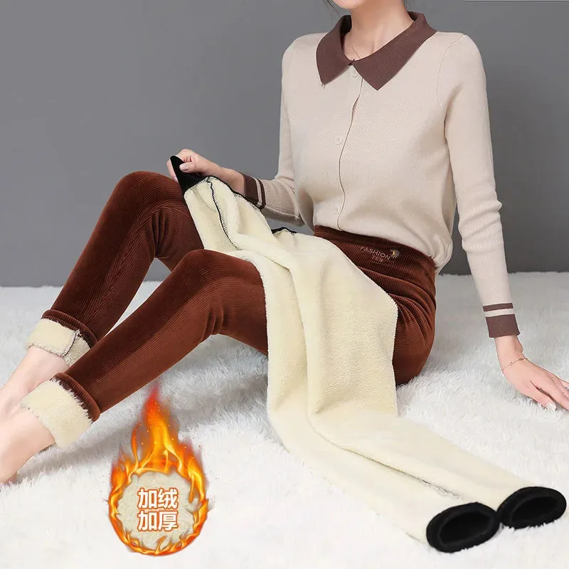 Super Warm Lambswool Leggings Casual Fleece Lined Pencil Pant Women 94-97cm Vintage Thicken Warm Skinny Slim Pants 2023 New