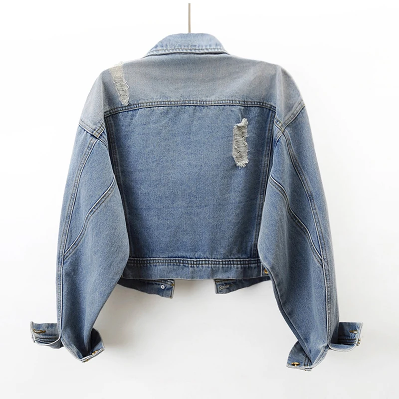 Vintage Blue Rivet Holes Denim Jacket Women Korean Slim Short Student Cowboy Outerwear Long Sleeve Pocket Jeans Jacket Female