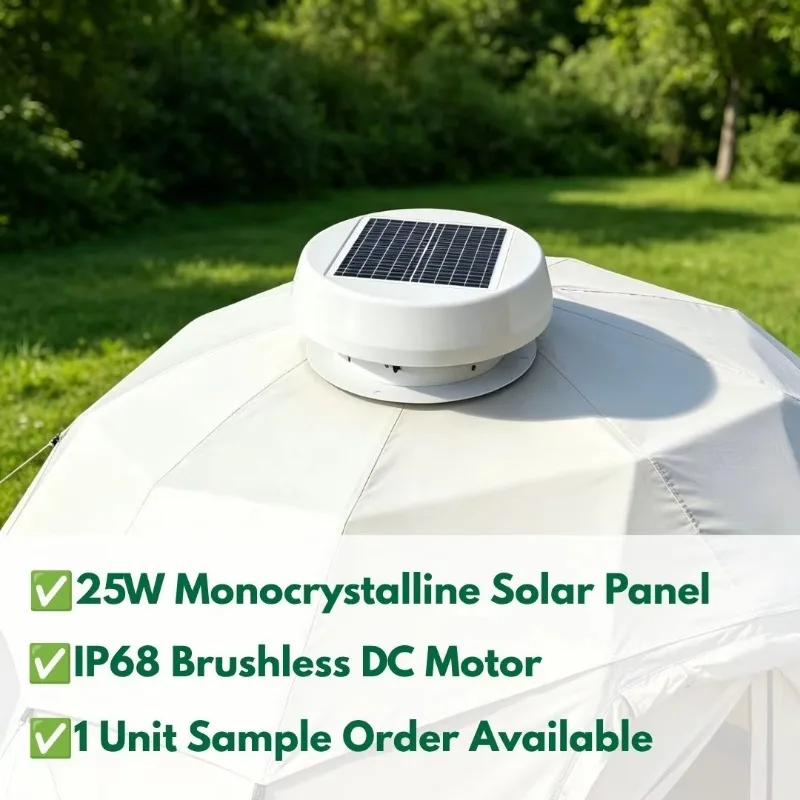 25W 14 Inch Solar Attic Fan IP68 Waterproof Brushless Motor Solar Roof Ventilator Exhaust Fan for Shed Dome Tent