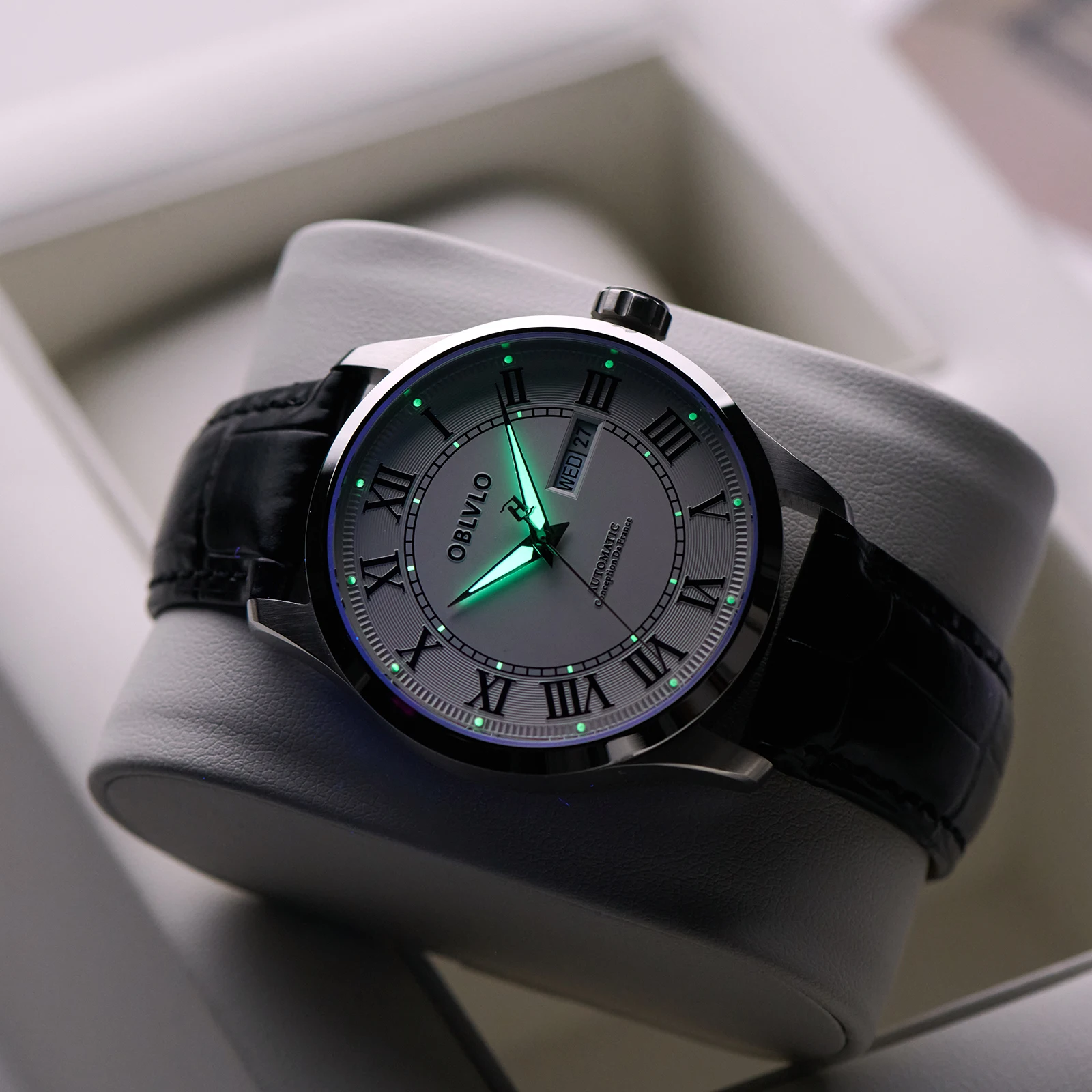 ساعة OBLVLO للرجال ميكانيكية أوتوماتيكية باللون الذهبي الوردي، أزياء كلاسيكية مع تقويم تاريخ اليوم وحزام جلدي الساق GC-SIM #3