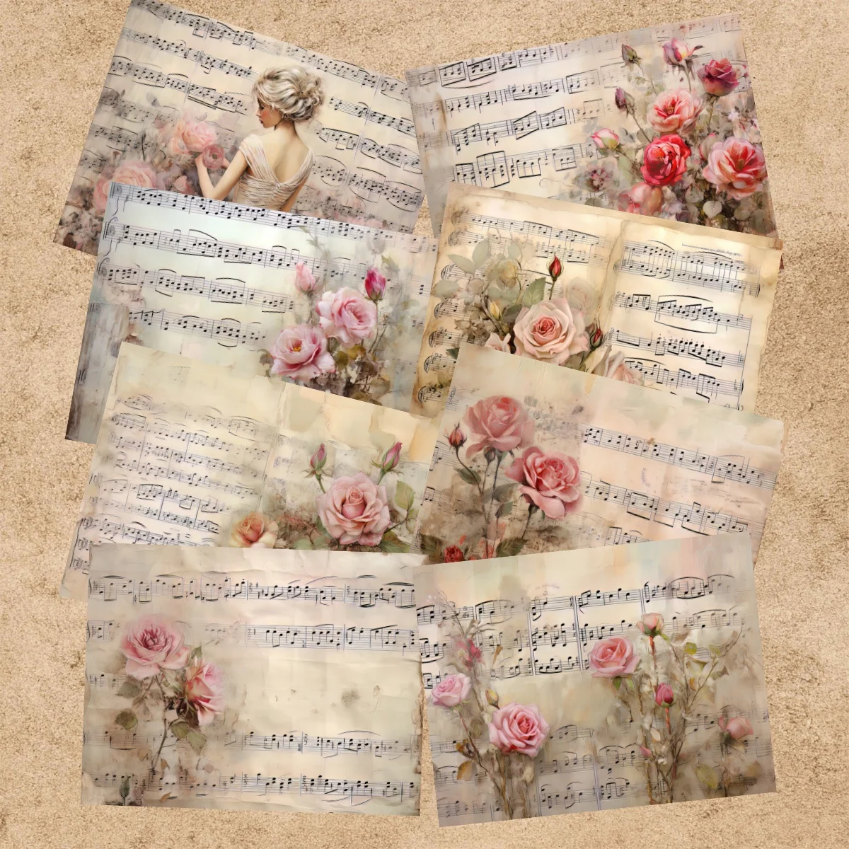 16 Sheets A5 Size Pink Rose Sheet Music For Girls Background Vintage Grunge Journal Planning Scrapbooking