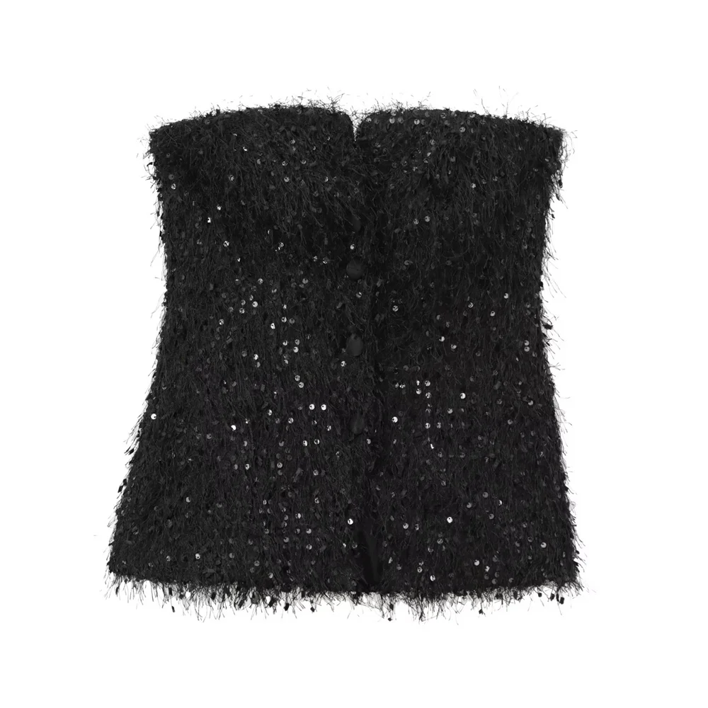 

Zach Ailsa women's off shoulder button bead fringe sleeveless strapless strapless autumn new tight corset style top