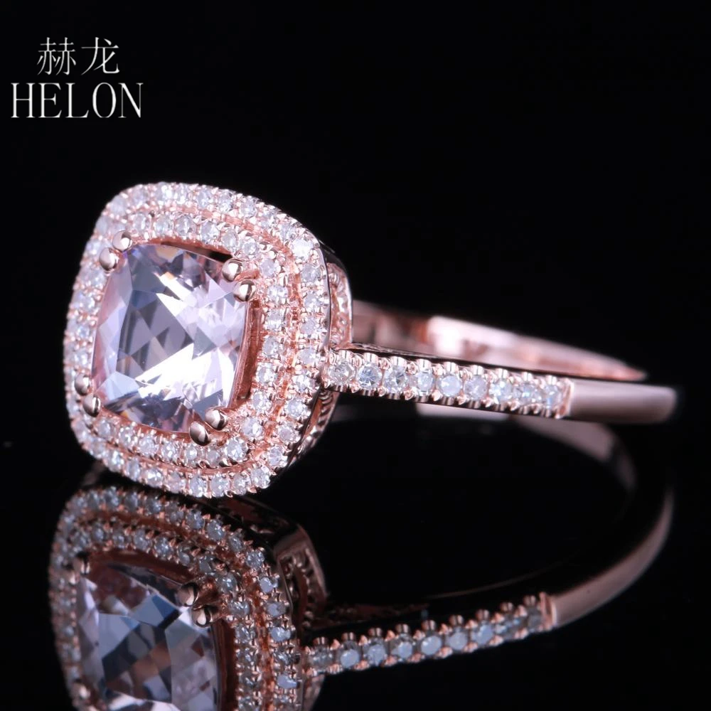 HELON Solid 18K 14k 10k Rose Gold Ring Cushion 6mm Natural Morganite Diamond Engagement Ring For Women Fine Jewelry Trendy