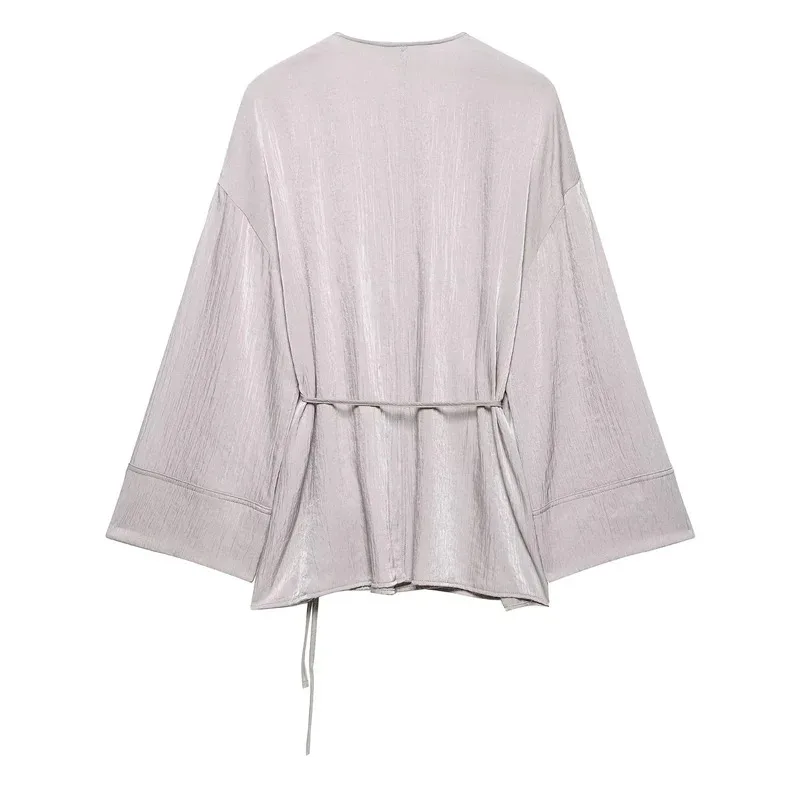 Spring Satin Texture Women's Kimono Suit Long-Sleeved Shirt with Tie Top And Wide-Leg Pants Loose Fit Two-Piece Set