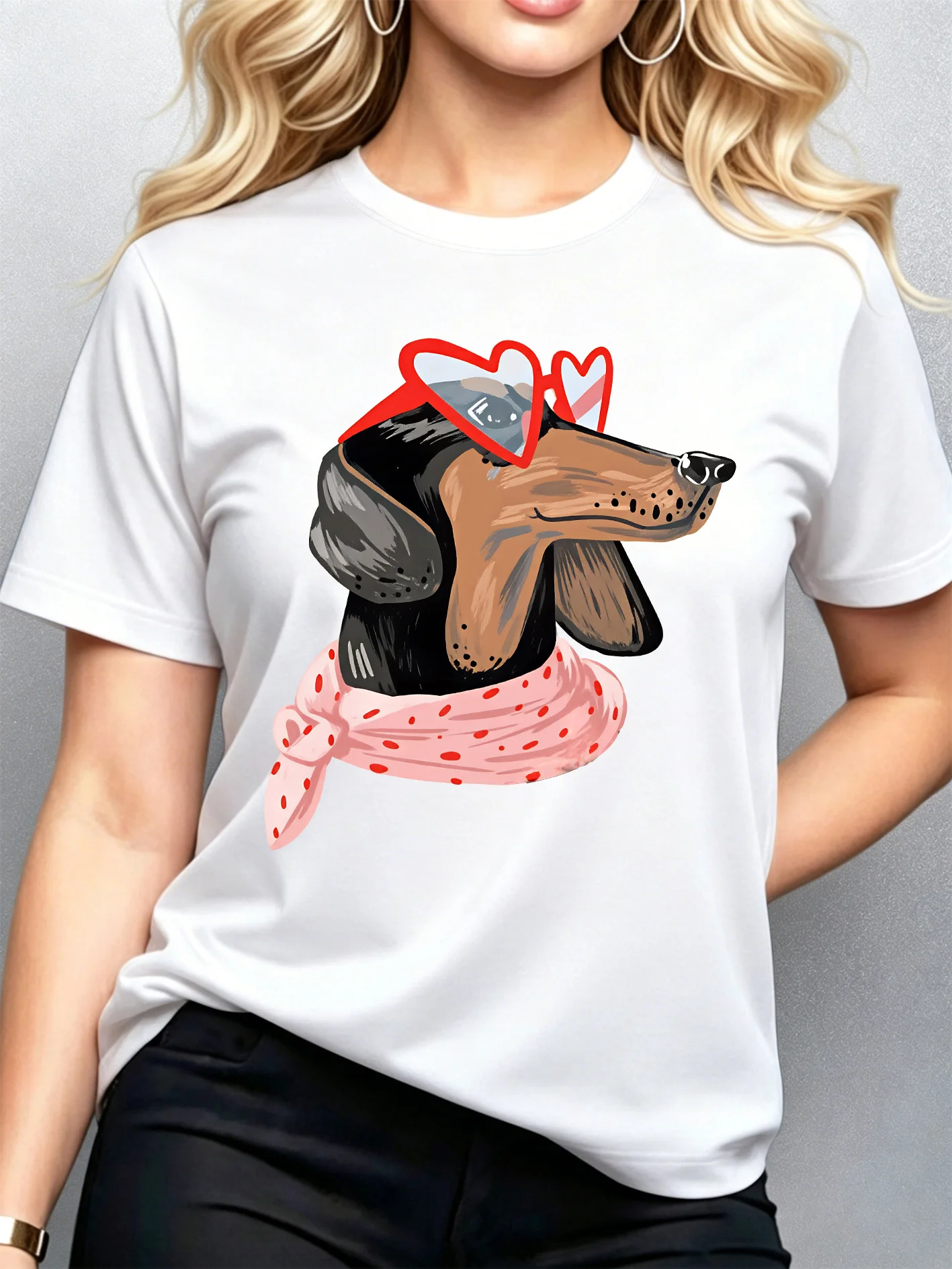 Dachshund Heart Sunglasses Polka Dot Scarf Womens Crew Neck Short Sleeve T Shirt Lovely Pet Graphic Tees For Ladies Daily Wear