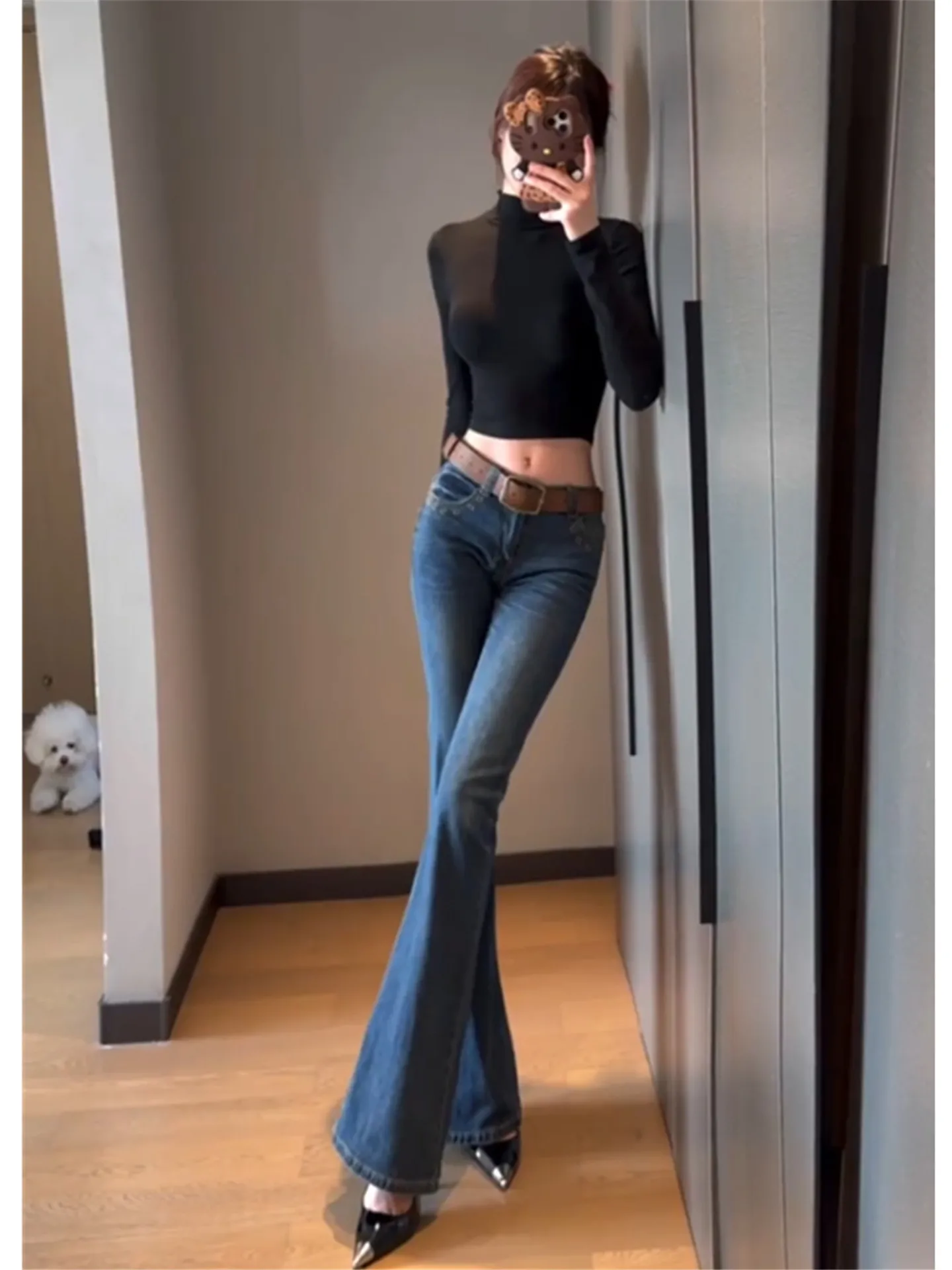 

American Retro Millennium Hot Girl Low Waist Flared Jeans Women's Spring Slimming Long Floor-Length Pants Casual Cotton Denim