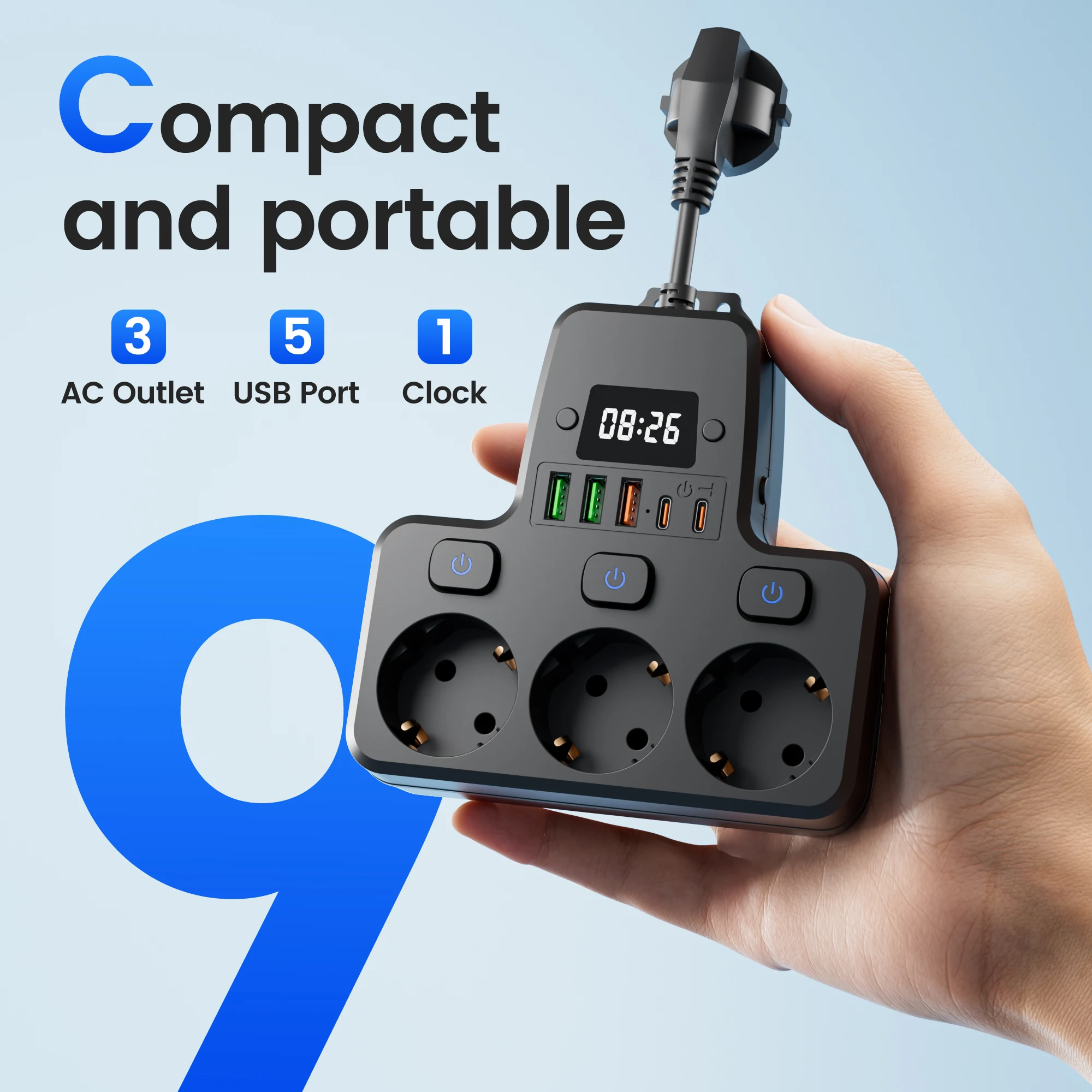 Toma de corriente con interruptor independiente 9 en 1, enchufe estándar de la UE, toma de pared 3 USB 2 tipo C con reloj