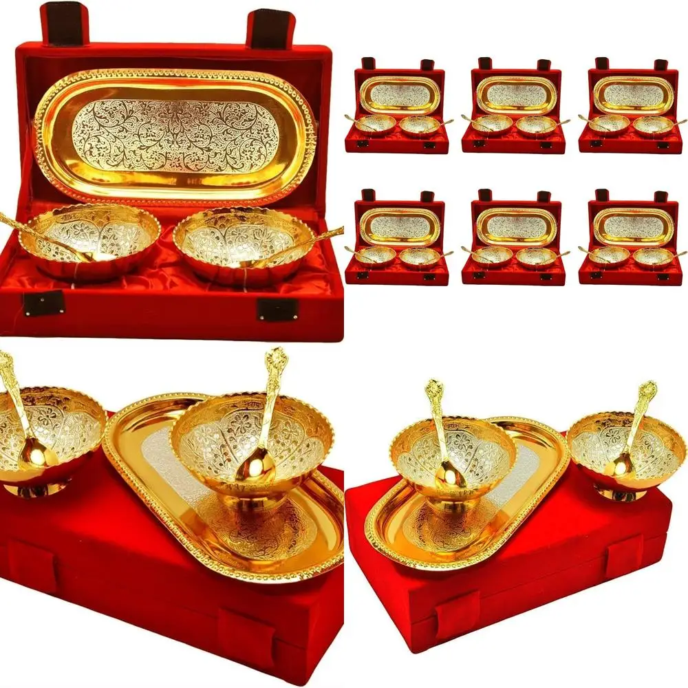 

Gold and Silver Plated Bowl, Spoon, and Tray Set - Perfect Diwali, Housewarming, and Wedding Gifts for Friends and Family (6 Set