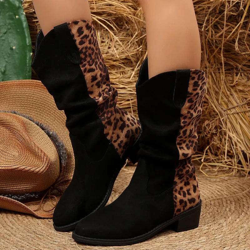 

2025 New Plus Size Leopard Print Women's Long Boots Mix Color Thick High Heels Boots Woman Autumn Winter Fashion Knee High Boots
