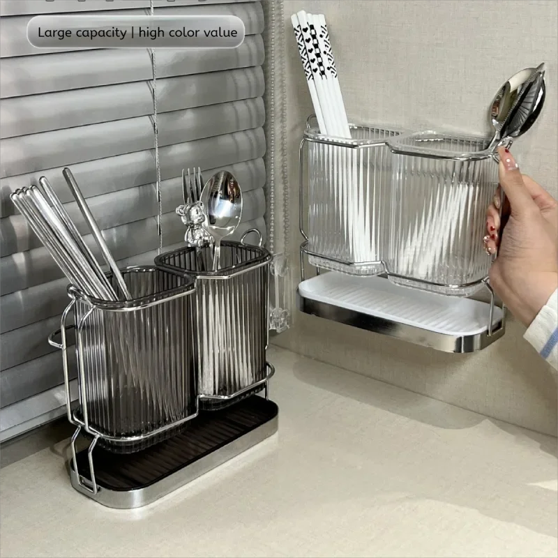 

Wall Mounted Kitchen Cutlery Organizer Light Luxury Chopstick Spoon Holder Stainless steel Utensil Drying Rack