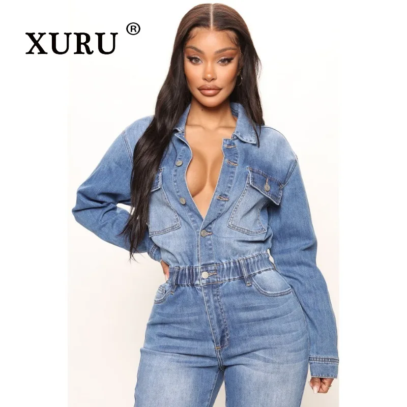 XURU-Women's Sexy Slim Fit Jeans, Washed Denim Jumpsuit, Small Cuffs, New, N7-3539