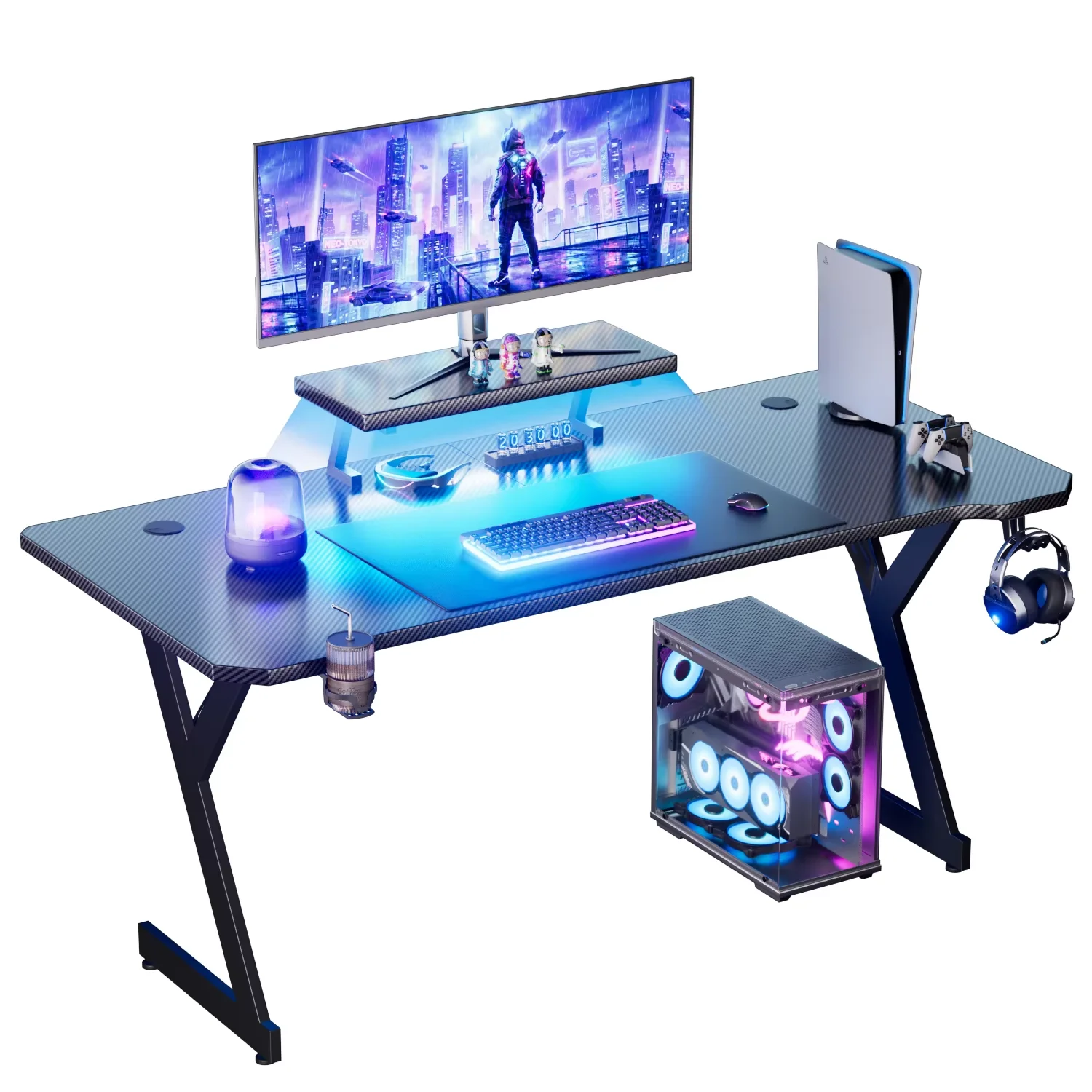 NEBMAAX Gaming Desk with LED Lights, Ergonomic Monitor Stand & Cup Holder, Large Computer Desk with Headphone Hook for Home Office, Black