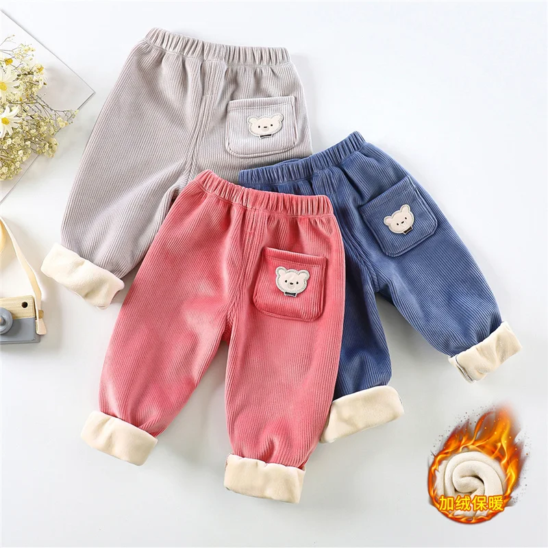 Corduroy Pants Kids Boys Padded Cotton Trousers Children Winter Thick Plus Velvet Warm Clothing Autumn Cartoon  Sports Pant 1-6Y