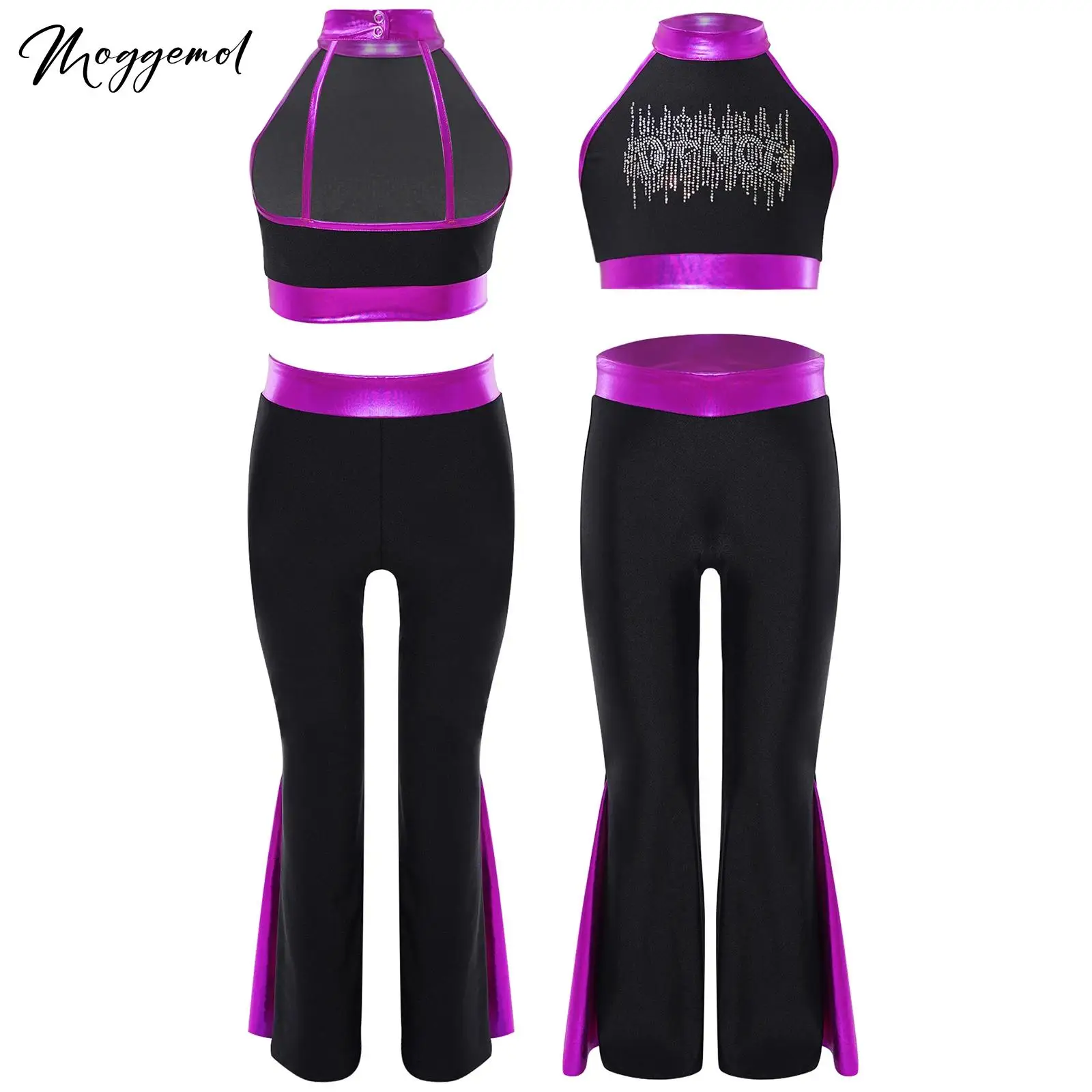 Kids Girls Hip Hop Jazz Dance Costume 2Pcs Performance Outfits Halter Sleeveless Rhinestone Letter Crop Top with Flared Pants