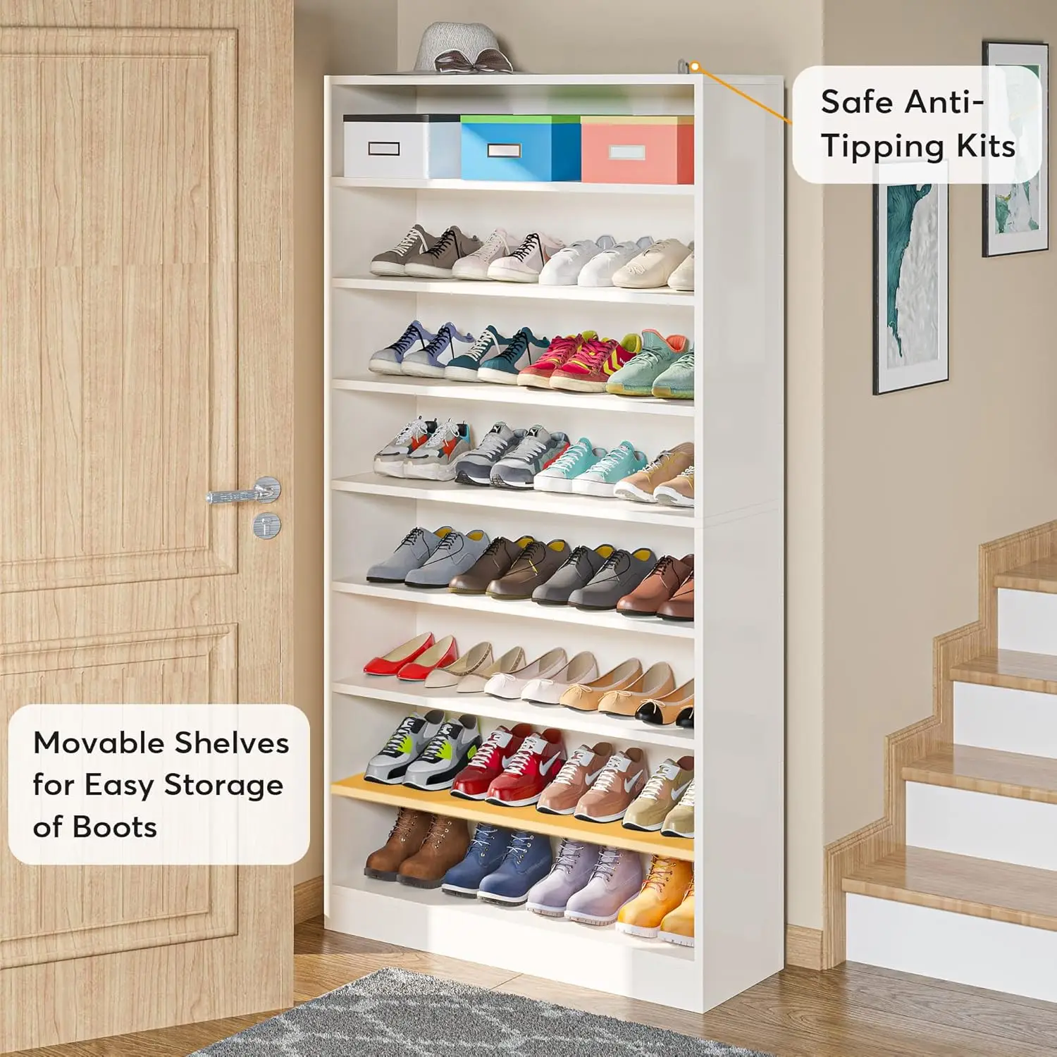 Shoe Cabinet, 9 Tiers 40-45 Pairs Heavy Duty Wood Freestanding Shoe Storage Cabinet, 70.8'' Tall Shoe Cabinet with Op