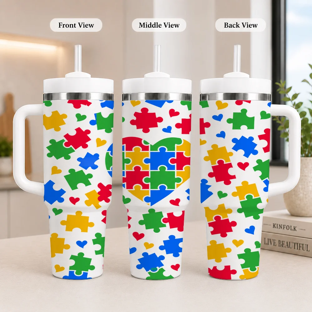 Autism Puzzle Vacuum Flasks 40oz Leakproof Steel Tumbler w/ Lid Straw Handle Hot Cold Drinks