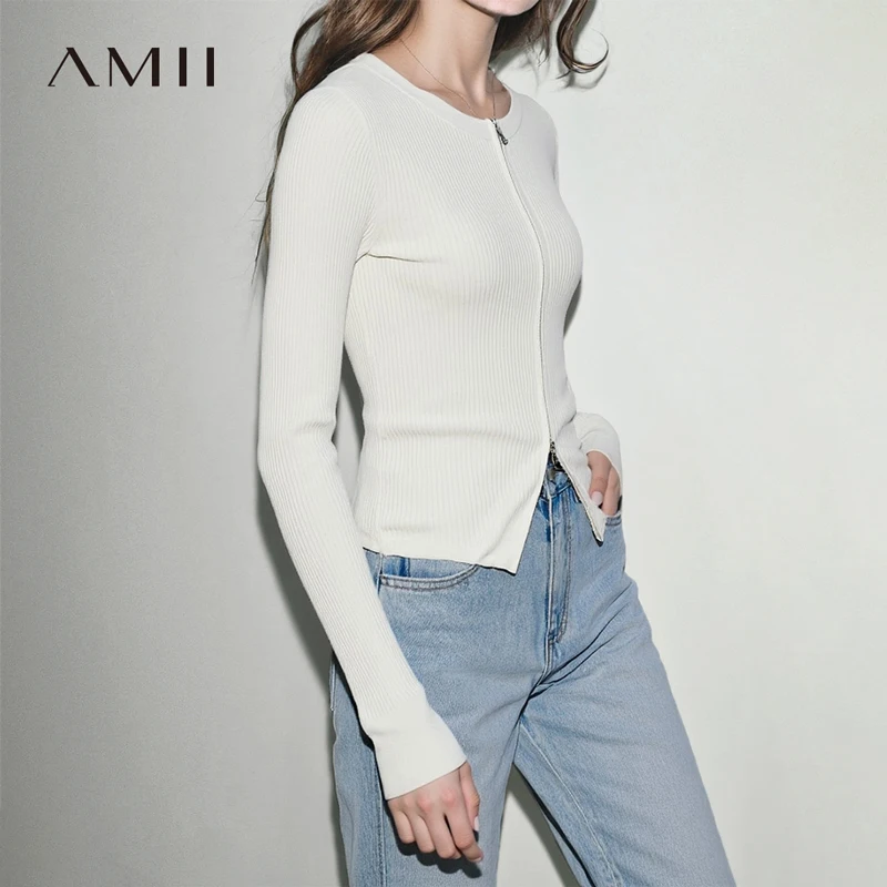 

Женский кардиган Amii 2026 Весна Новинка: облегающий, с круглым вырезом, на двойной молнии, эластичный, однотонный, вязаный топ 12641135