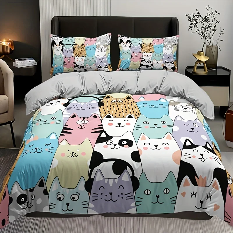3pcs Fashion Duvet Cover Set Cute Black Color Cat Print Bedding Set Soft Comfortable Breathable Duvet Cover For Bedroom Decor