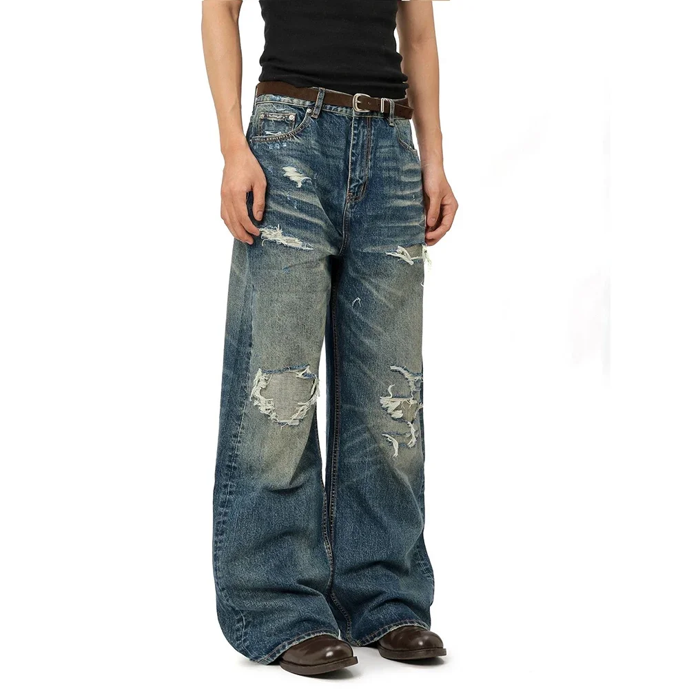 Washed Jeans Hip-Hop High Street Men's Denim Pants Hole Worn-out Streetwear Trousers Straight Wide Leg Casual Male Jeans  Autumn view 4