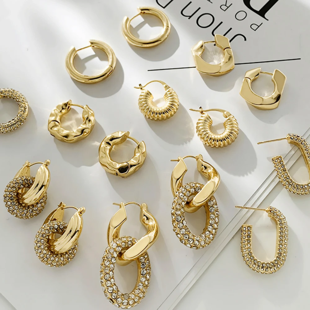 Minimalist 18K Gold Plated Chunky Hammered Huggies Earrings for Women Geometric Twisted CZ Zirconia Ear Buckles Punk Jewelry