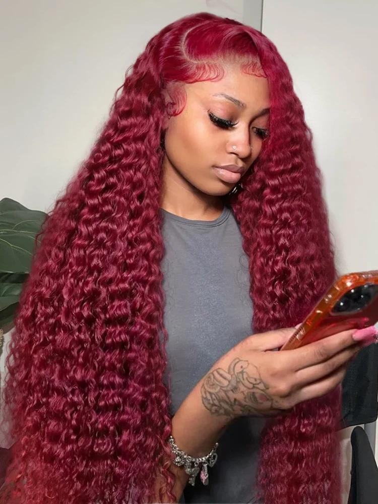 

99J Burgundy 200 220 Density 13x4 Transparent Lace Front Human Hair 30 40 Inch 13x6 HD Lace Frontal Red Colored Water Curly Wigs