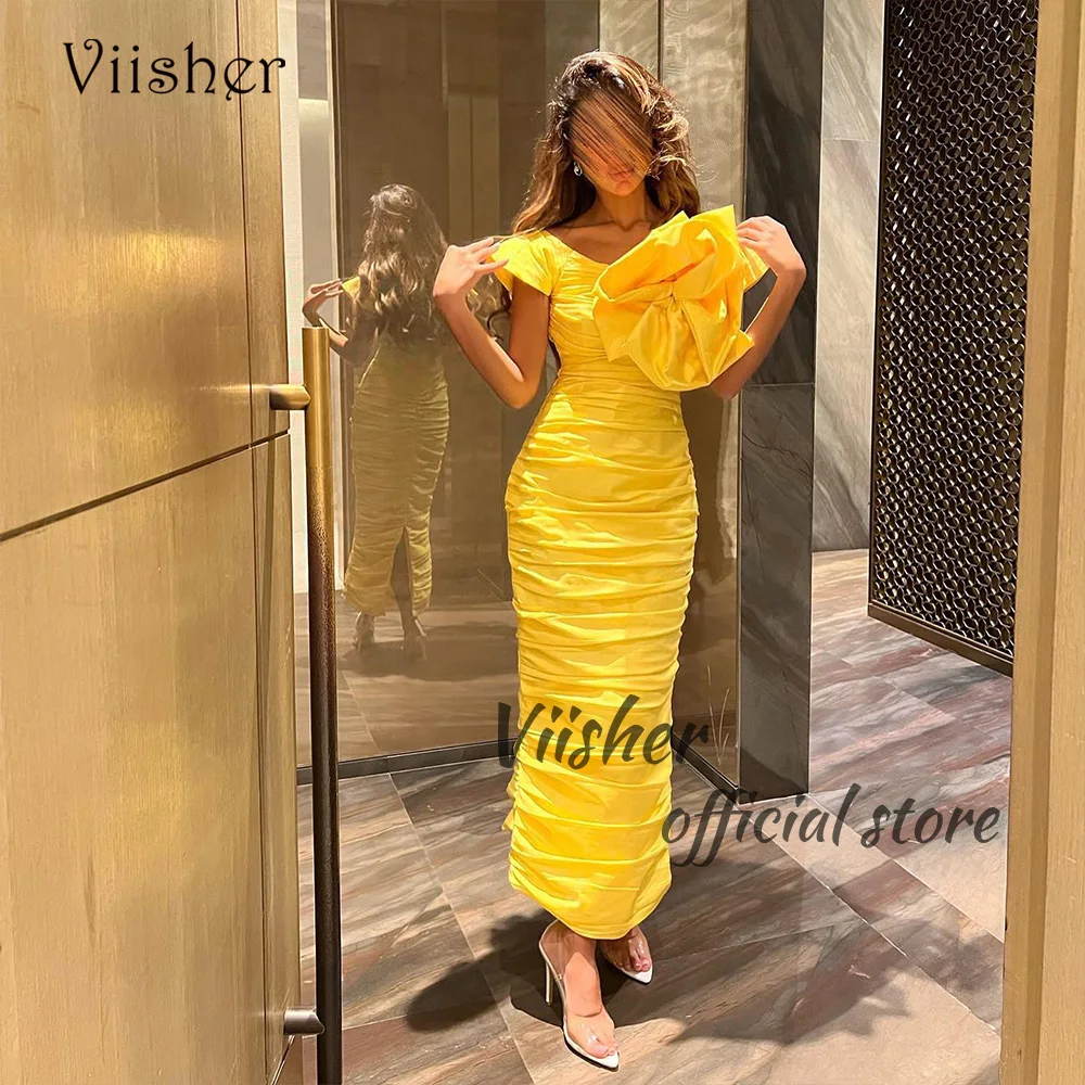 

Viisher Yellow Pleats Satin Mermaid Evening Dresses with Flower Arabic Dubai Prom Party Dress Ankle Length Formal Evening Gown