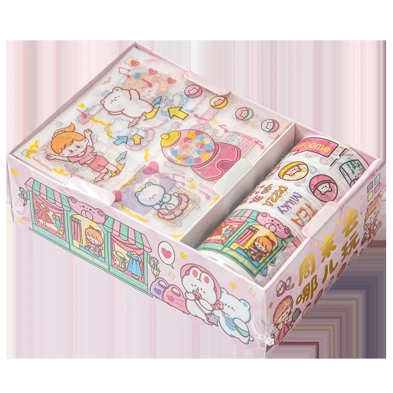 8 PCS Box Cute Korean Sticker Aesthetic Cartoon Masking Tape Set DIY Album Planner Journal Scrapbooking Decoration Kids Gift
