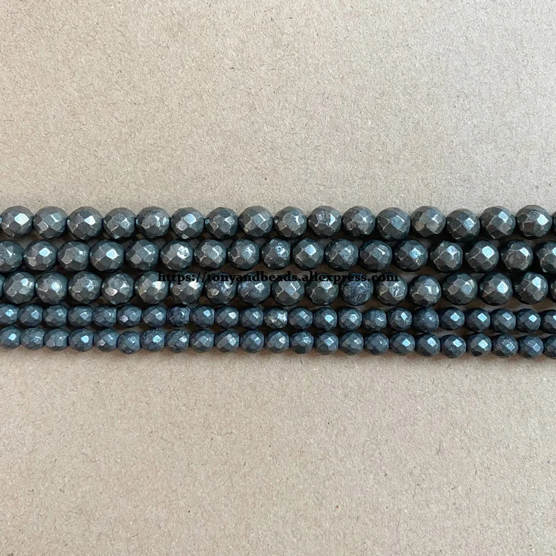 Natural Stone Faceted Iron Pyrite Round Loose Beads 15\