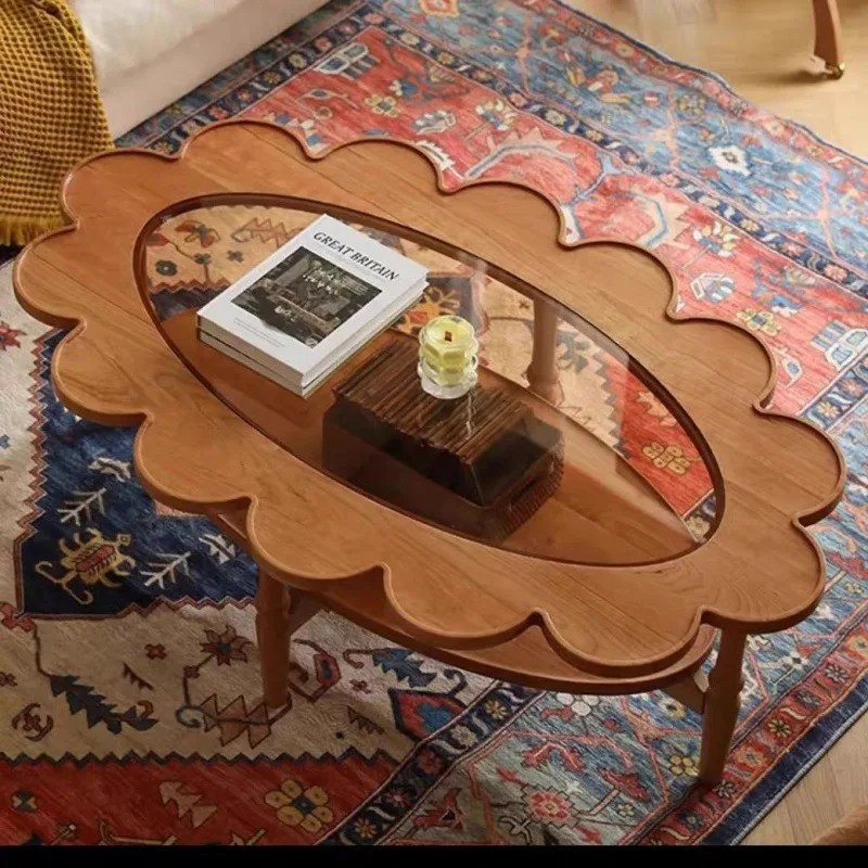 

Flower coffee table retro cherry wood small apartment French medieval oval glass flower edge table