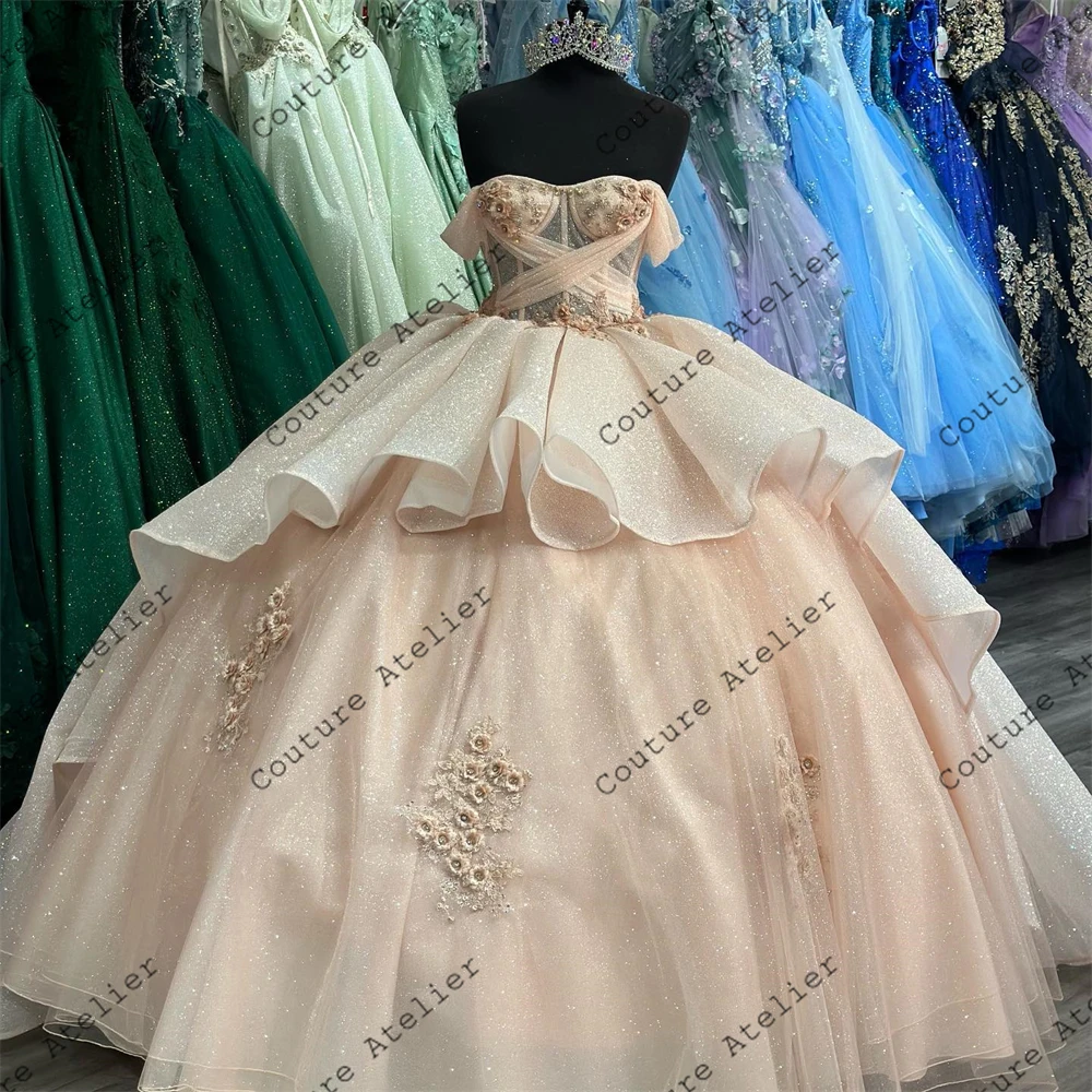 السماء الزرقاء قبالة الكتف مطرز يزين فساتين Quinceanera الدانتيل الكرة ثوب فستان للحلو 15 16 الحبيب vestidos