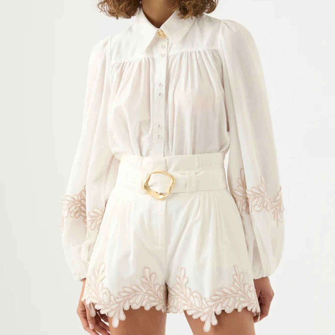 EVACANDIS Women White Linen Set Heavy Embroidery Long Lantern Sleeve Shirt Top+ Embroidery Lace High Waist Shorts With Metal Bel