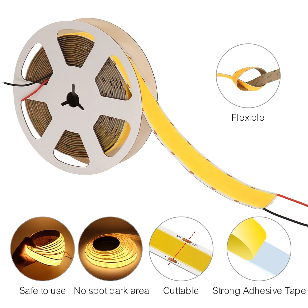 5m Super Bright 24V COB LED Strip CRI 90 Dimmab Flexible 30mm Wide LED Ribbon Tape 3000K 4000K 6000K for Indoor Lighting DC24V