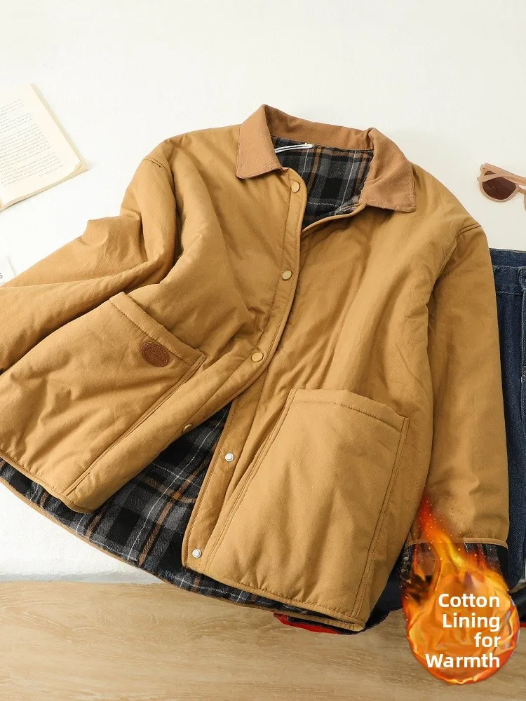 

Retro Japanese Sle Women's down Cotton Jaet with Flap Buttons Large kets Workwear Sle Thiened Long Sve Coat