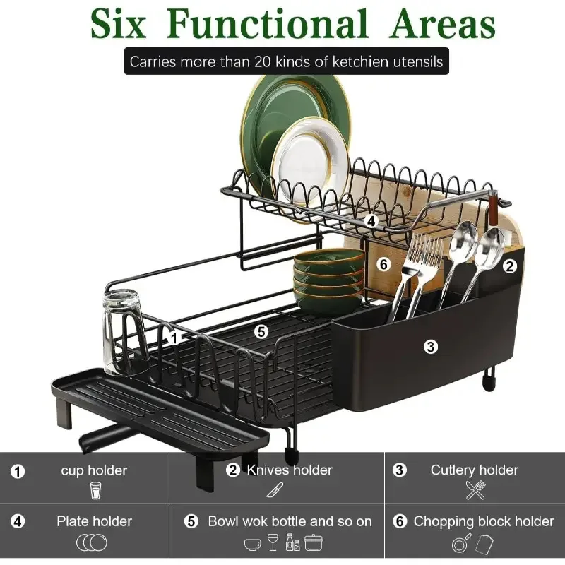 Large Expandable 2-Tier Dish Drying Rack with Drainboard Set, Extendable Dish Drainer with Utensil & Cup Holders, Space-Saving