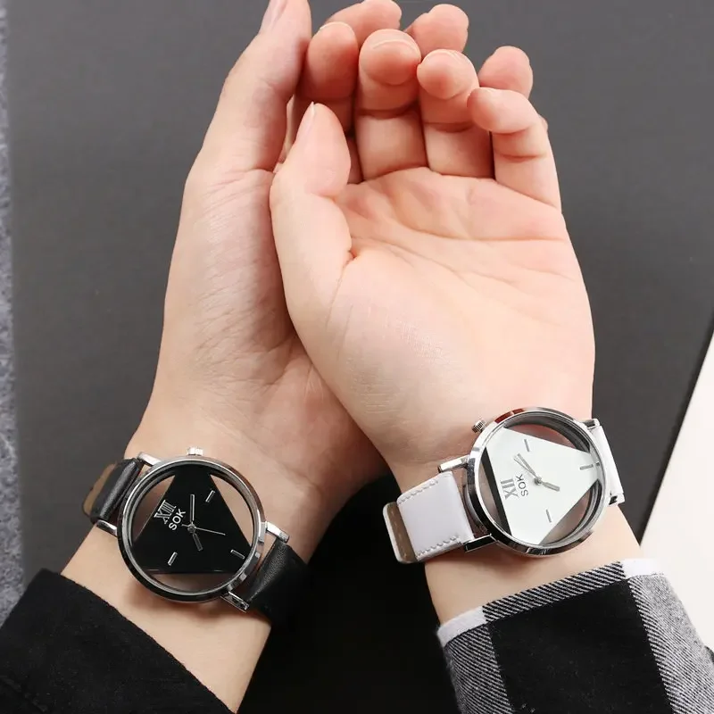Creative Triangle Watch,Fashionable Double-sided Hollowed Out Quartz Watch,Leather Strap Wristwatches for Student Coupl