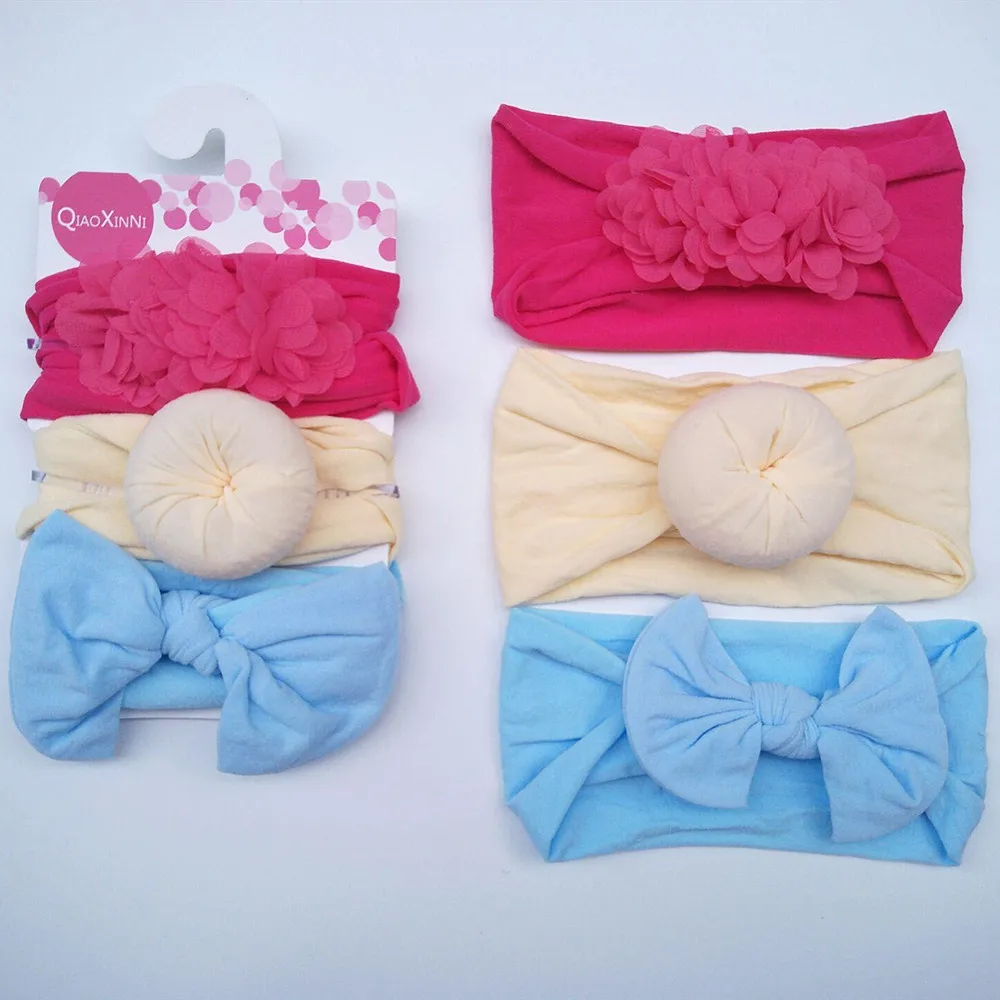 3pcs/set Elastic Chiffon Flower Headbands For Baby Girls Hair Accessories Baby Girls Bows Nylon Solid Color Turban Hair Band