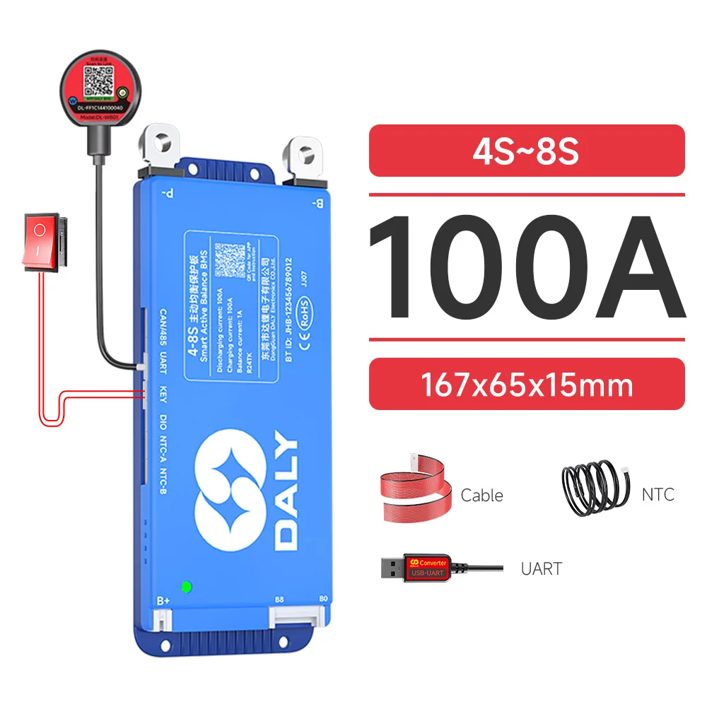Daly Smart Active BMS 4S LiFePO4 8S 24V 16S 100A 150A 40A 60A 200A 12V 48V LiFePO4 1A Actieve Balancer met UART RS485 wifi-sleutel