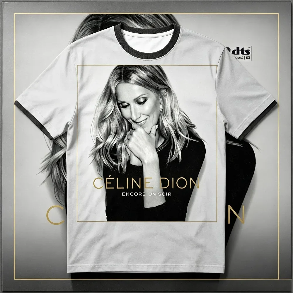 Celine Dion Encore Un Soir Unisex Full 3D Print T-Shirt, Vintage Female Singer Portrait Graphic Print Retro Music Casual Tee