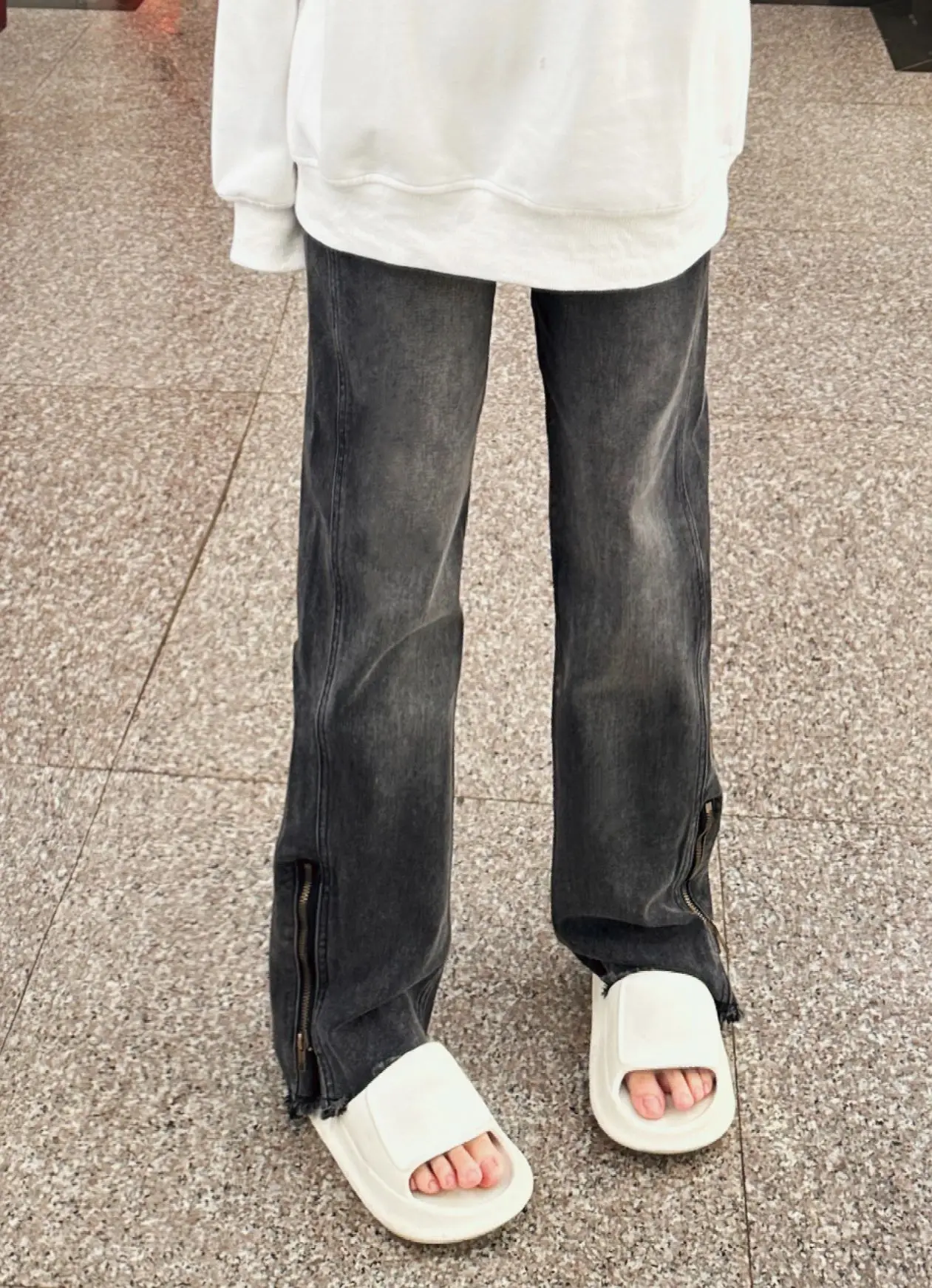 ارتفاع الخصر فضفاض صالح سستة الدينيم الجينز المرأة الخريف حجم كبير مستقيم الساق الطابق طول السراويل الهيب هوب شق تصميم #3