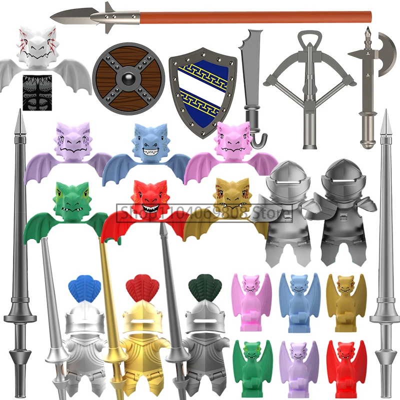 

MOC Medieval Military Figures Building Blocks Castle Militia Soldier Dragon Gothic Knight Helmets Swords Shield Bricks Toys N05