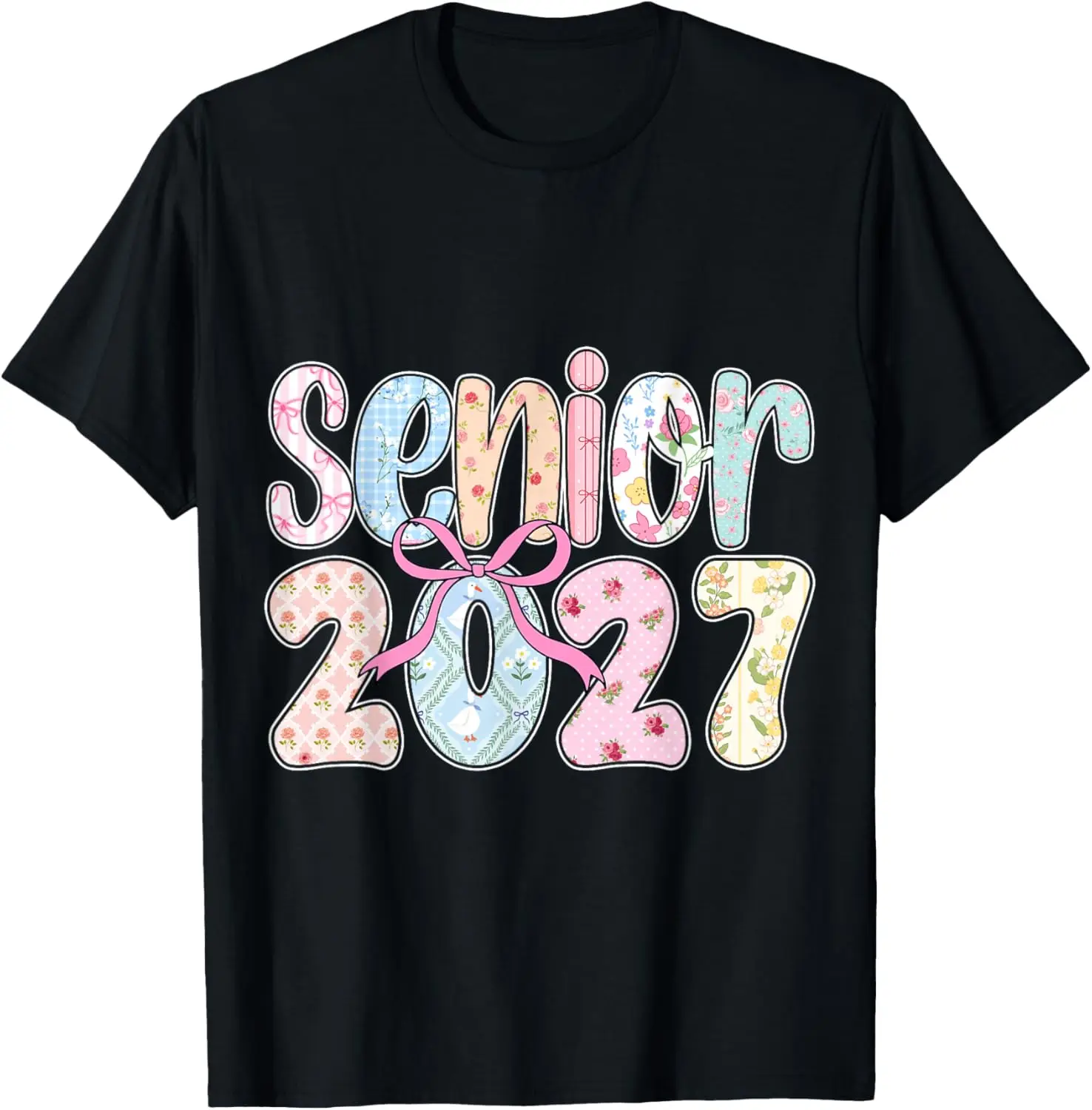 Girl Senior Class Of 2027 Coquette Bow Graduation Grad T-Shirt Summer short-sleeved breathable sweat-wicking versatile fashion T-shirt for back-to-school season, unisex, Y2K Fashionable Cartoon Anime