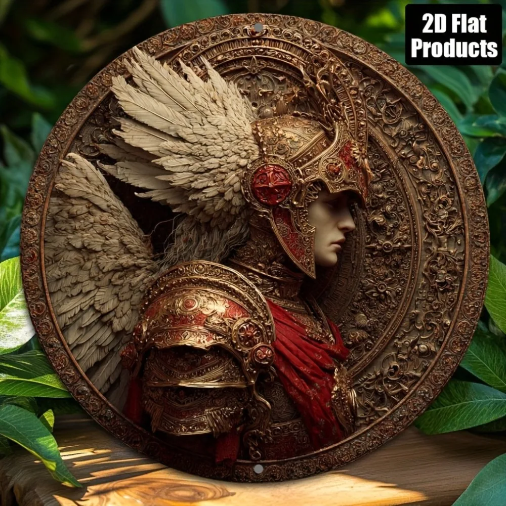 2D Angel Warrior rundes Metallschild, 20,3 x 20,3 cm, Wanddekoration für Zuhause, Bar, Café, Büro, Halloween, Weihnachtsgeschenk