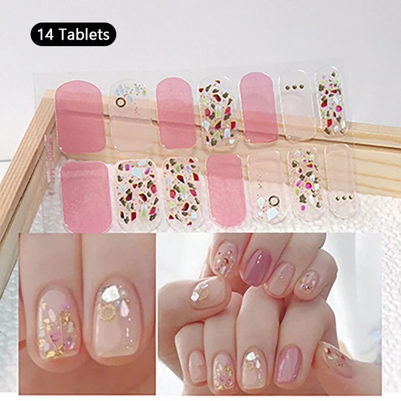 14 Strips Baking-free Nail Stickers Long-Lasting French Style Fresh Flowers In Summer Solid Color Patch Slider Full Cover Decals