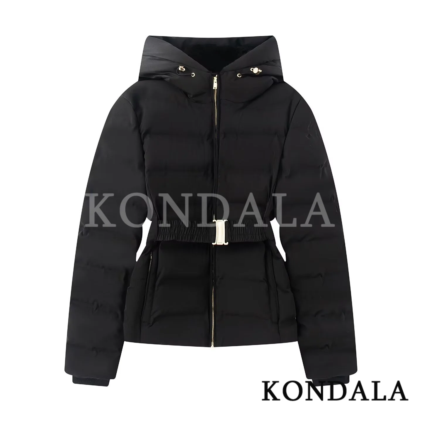

KONDALA Winter Slim Belt Padding Jacket Hoodie Minimalist Black Outdoor Zipper Jacket 2025 Fashion Casual Versatile Women Coat