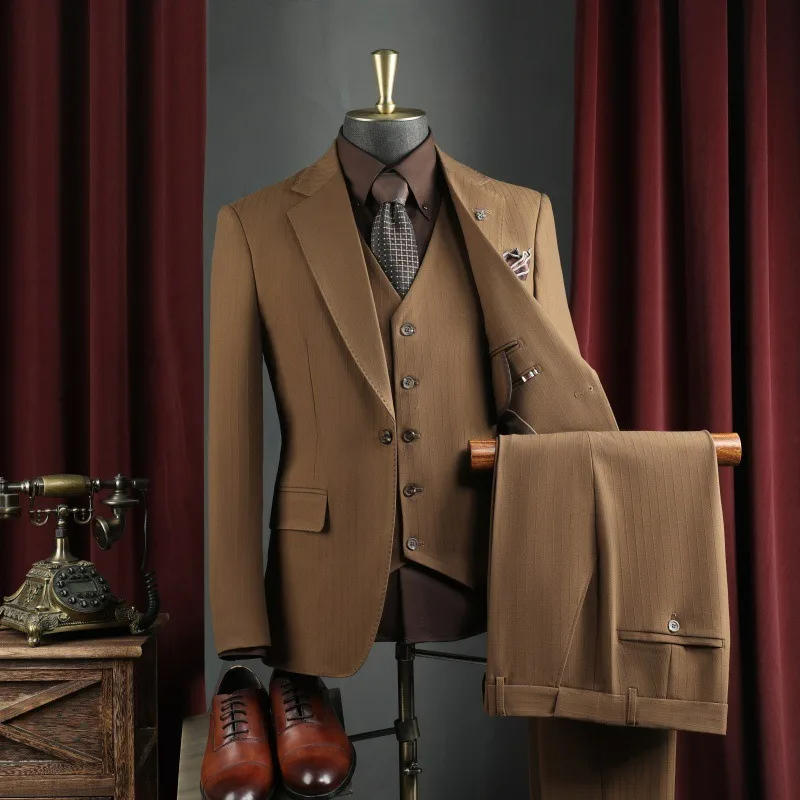 

Men Suit Outfit Simple Solid Turn Down Collar Blazer Man Single-breasted Vest Straight-leg Pant Male Slim Wedding 3-piece Set