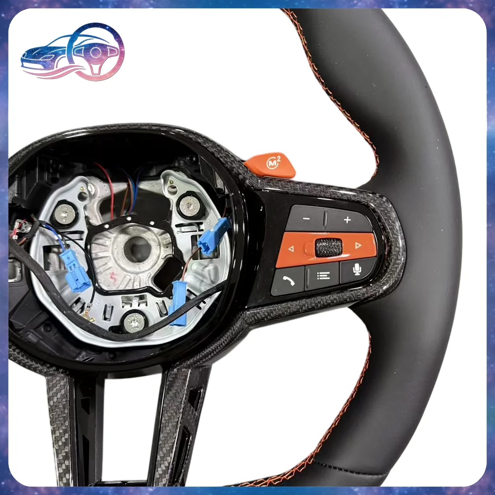 For BMW F10 F20 F30 G20 G30 CS Style Orange Full Leather Steering Wheel Carbon Fiber Button Frame M1 M2 Functional Buttons